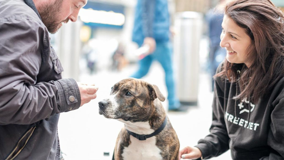 Outreach werker in gesprek met honden op straat