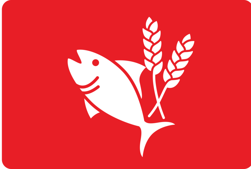 Purina duurzaamheidslogo mer witte graan en vis op een rode achtergrond