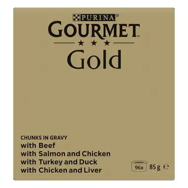 GOURMET™ Gold Fijne Hapjes in Saus met Rund, met Kip en Lever, met Zalm en Kip, met Kalkoen en Eend  kattenvoer nat